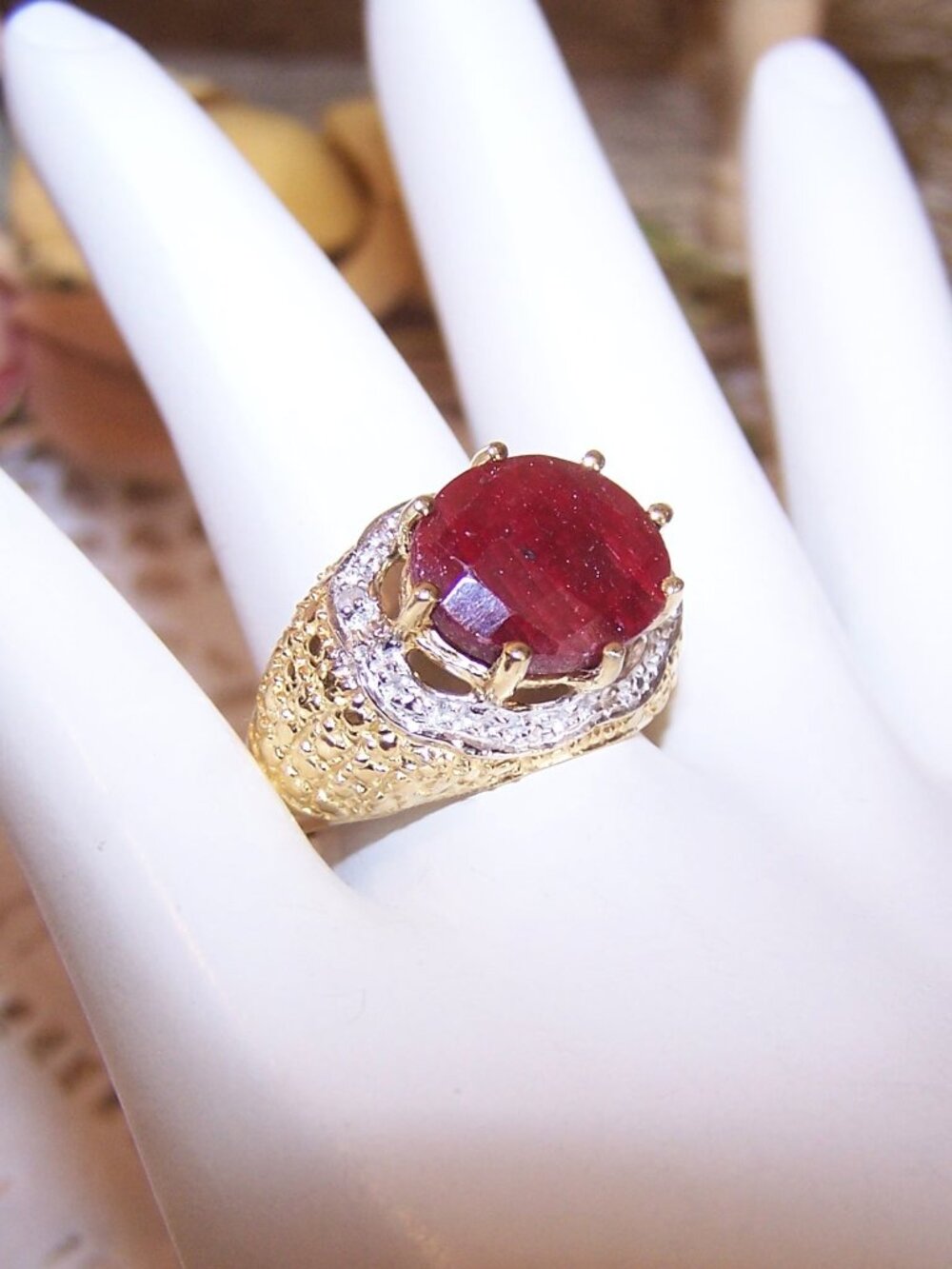 Made in India Sterling Silver Vermeil Ruby Diamond Cocktail Ring - Size 7